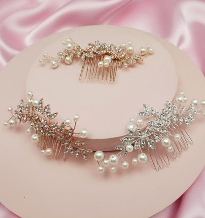 Pearl Crystal Bridal Hair Comb Rose Gold or Silver Wedding Hairpiece Sparkly Rhinestone Leaf Comb for Brides, Bridesmaids or Updos