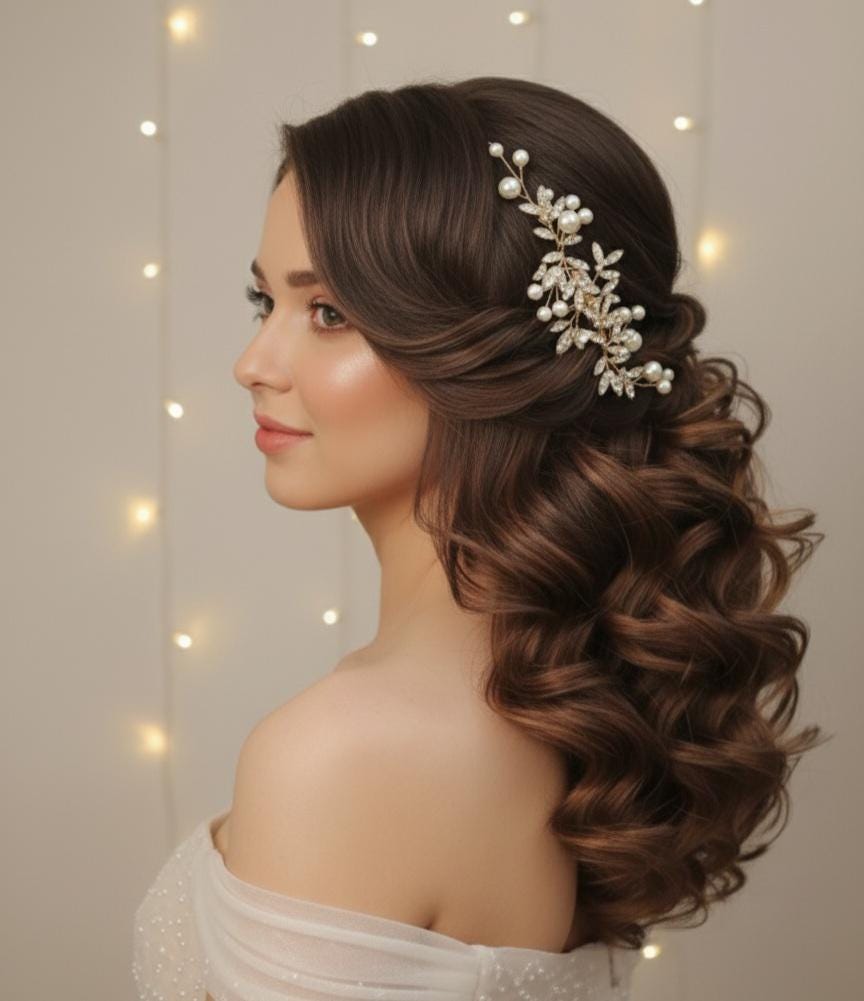 Pearl Crystal Bridal Hair Comb Rose Gold or Silver Wedding Hairpiece Sparkly Rhinestone Leaf Comb for Brides, Bridesmaids or Updos