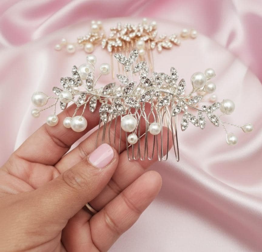 Pearl Crystal Bridal Hair Comb Rose Gold or Silver Wedding Hairpiece Sparkly Rhinestone Leaf Comb for Brides, Bridesmaids or Updos