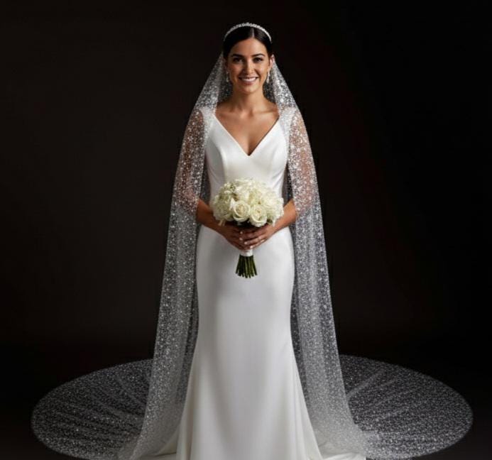 Sequin Cathedral Wedding Veil: Arabic Bridal Mantilla, White/Off-White sparkly veil muslim bridal veil