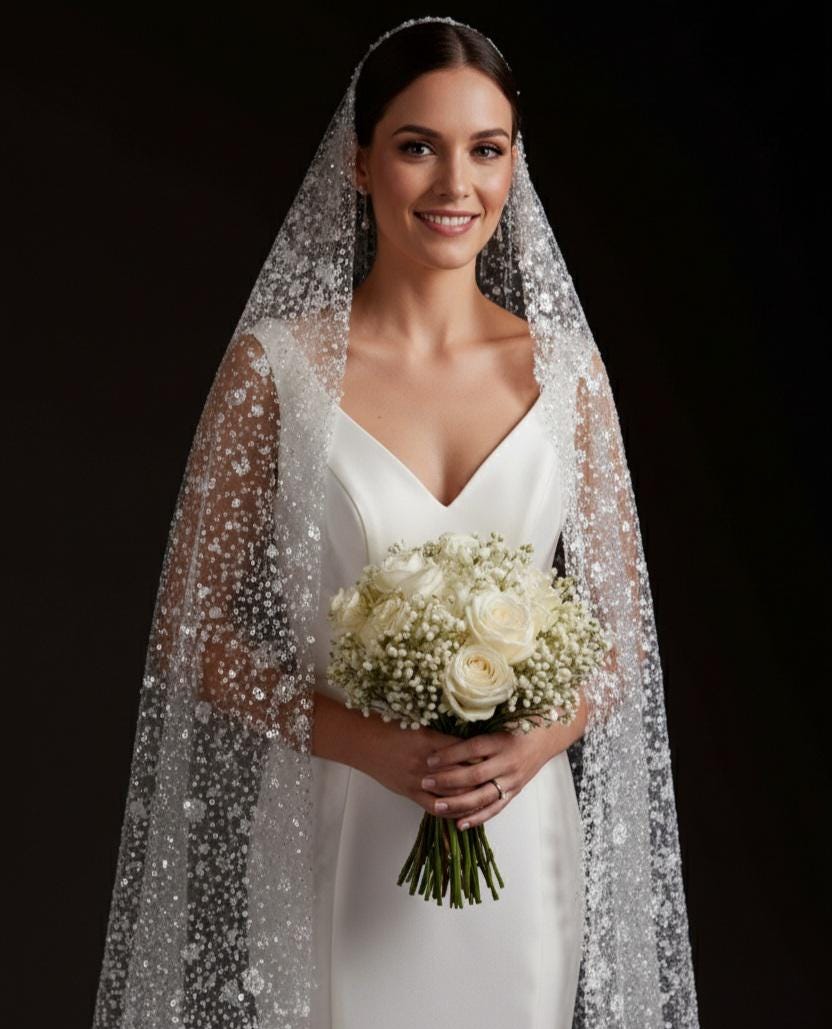 Celestine Radiance – Cathedral Bridal Veil with Sequin Floral Embroidery