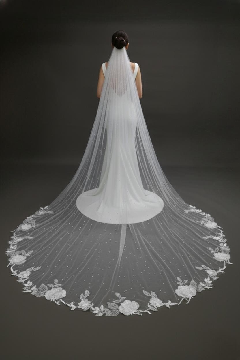 Floral Lace Cathedral Wedding Veil: Long Pearl Bridal Veil