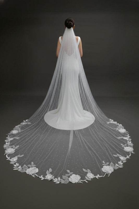 Floral Lace Cathedral Wedding Veil: Long Pearl Bridal Veil