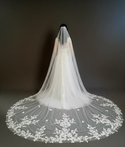 Cathedral Length Wedding Veil with Floral Lace Appliqué • Dramatic Long Bridal Veil • Sheer Tulle Train Veil • Elegant Embroidered Lace Edge