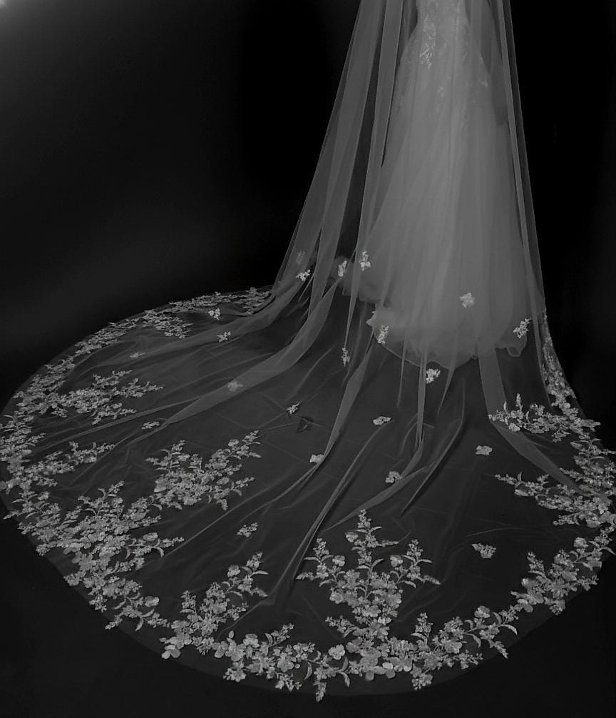 Cathedral Length Wedding Veil with Floral Lace Appliqué • Dramatic Long Bridal Veil • Sheer Tulle Train Veil • Elegant Embroidered Lace Edge