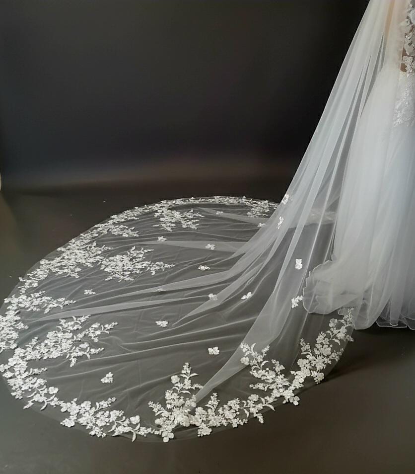 Cathedral Length Wedding Veil with Floral Lace Appliqué • Dramatic Long Bridal Veil • Sheer Tulle Train Veil • Elegant Embroidered Lace Edge