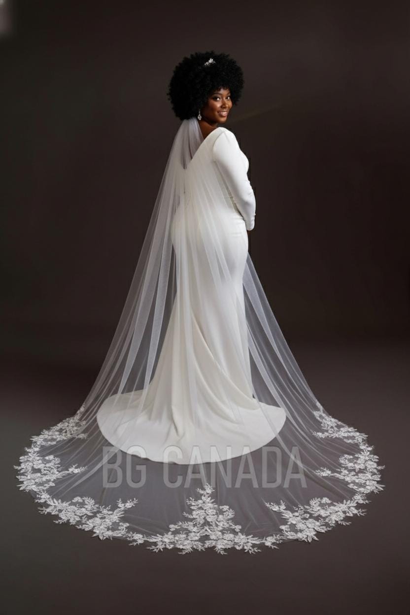 Cluster floral veil floral Lace Cathedral Wedding Veil sequined Bridal Tulle white veil with floral edge