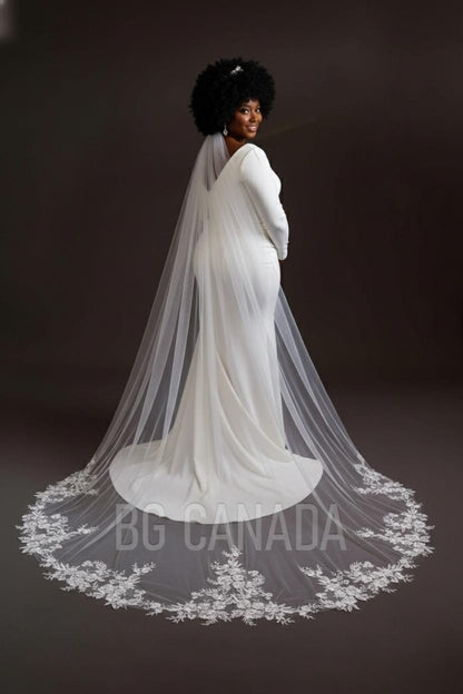 Cluster floral veil floral Lace Cathedral Wedding Veil sequined Bridal Tulle white veil with floral edge