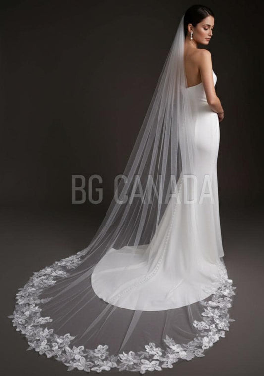 Flower Wedding Veil big floral edged Long Bridal Veil - White or Ivory Cathedral length church Veil