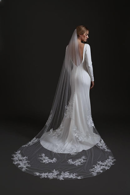 Chapel veil Scattered Floral Lace Cathedral length Veil illusion Bridal Tulle wedding veil with flower lace , White/Off White/Ivory