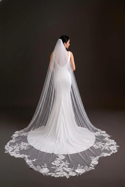 Ivory Lace Wedding Veil: Pearl Scalloped Cathedral Veil