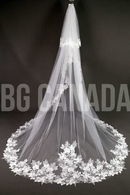 Floral Lace Cathedral Wedding Veil - Elegant Ivory 2-Tier Veil