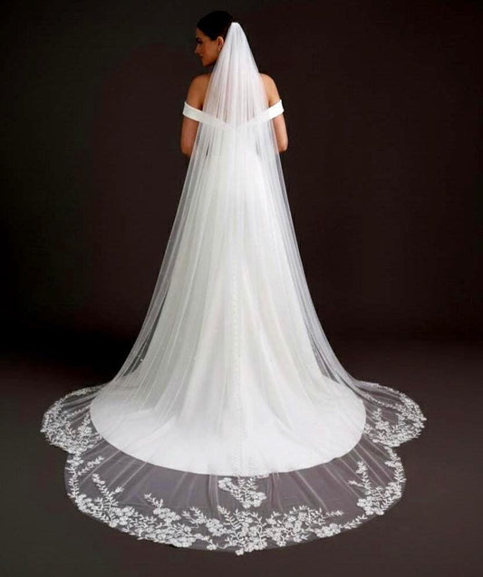 Floral Lace Cathedral Wedding Veil - Bridal Illusion Tulle