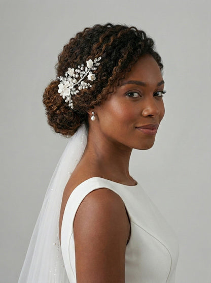 Bridal Hair Comb • Pearl & Crystal Floral Wedding Hairpiece • Flower Bridal Headpiece for Updo • Elegant Bridal Accessories • Curly Hair Fri