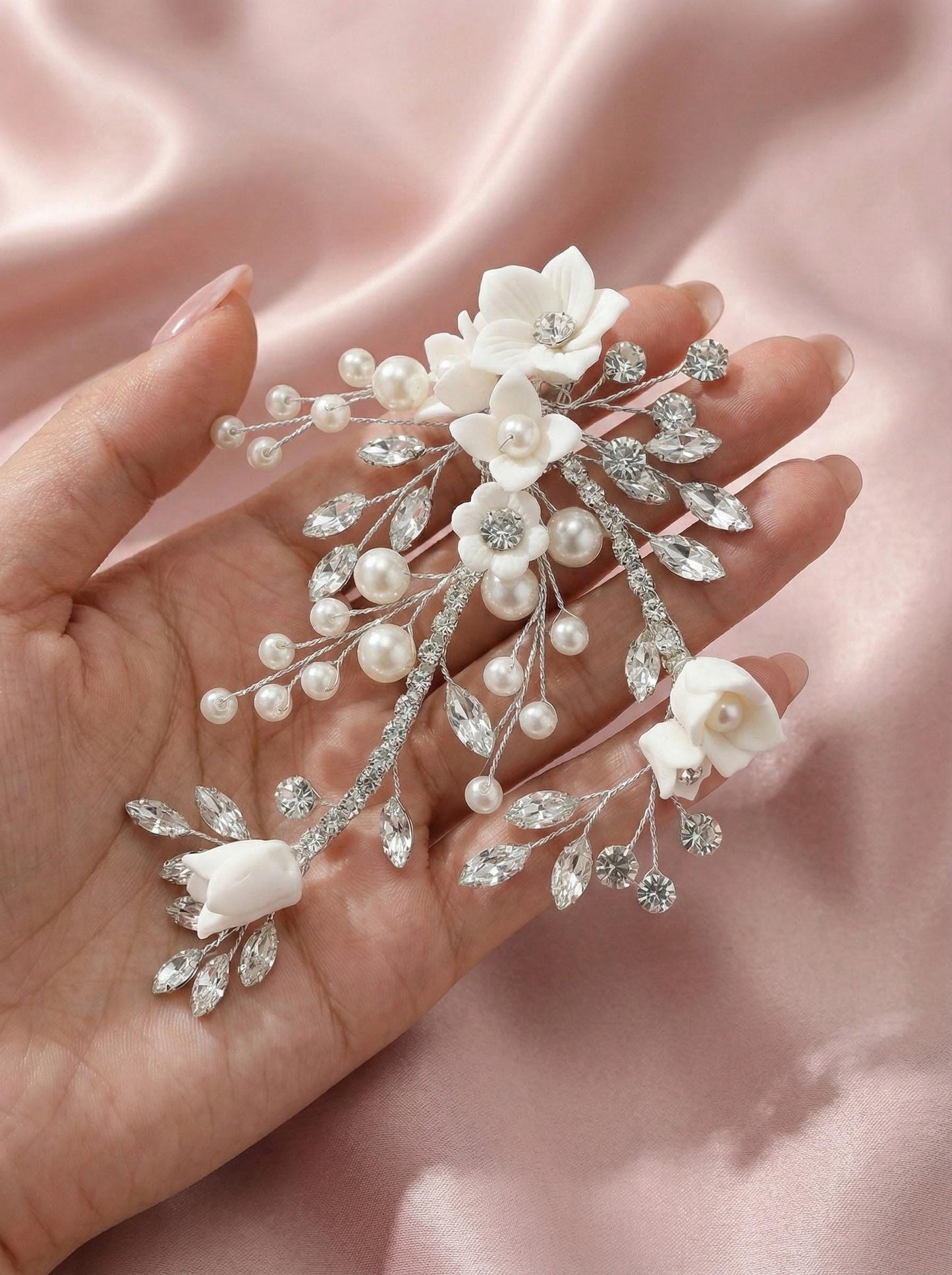 Bridal Hair Comb • Pearl & Crystal Floral Wedding Hairpiece • Flower Bridal Headpiece for Updo • Elegant Bridal Accessories • Curly Hair Fri
