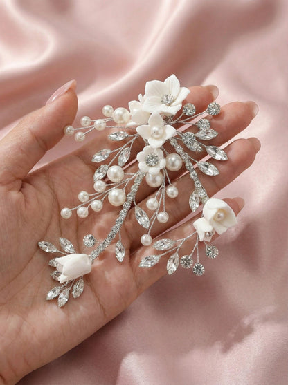 Bridal Hair Comb • Pearl & Crystal Floral Wedding Hairpiece • Flower Bridal Headpiece for Updo • Elegant Bridal Accessories • Curly Hair Fri