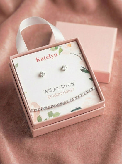 Bridesmaid Proposal Gift Set • Personalized Name Card • Earrings & Bracelet Set • Will You Be My Bridesmaid Gift • Wedding Party Jewelry