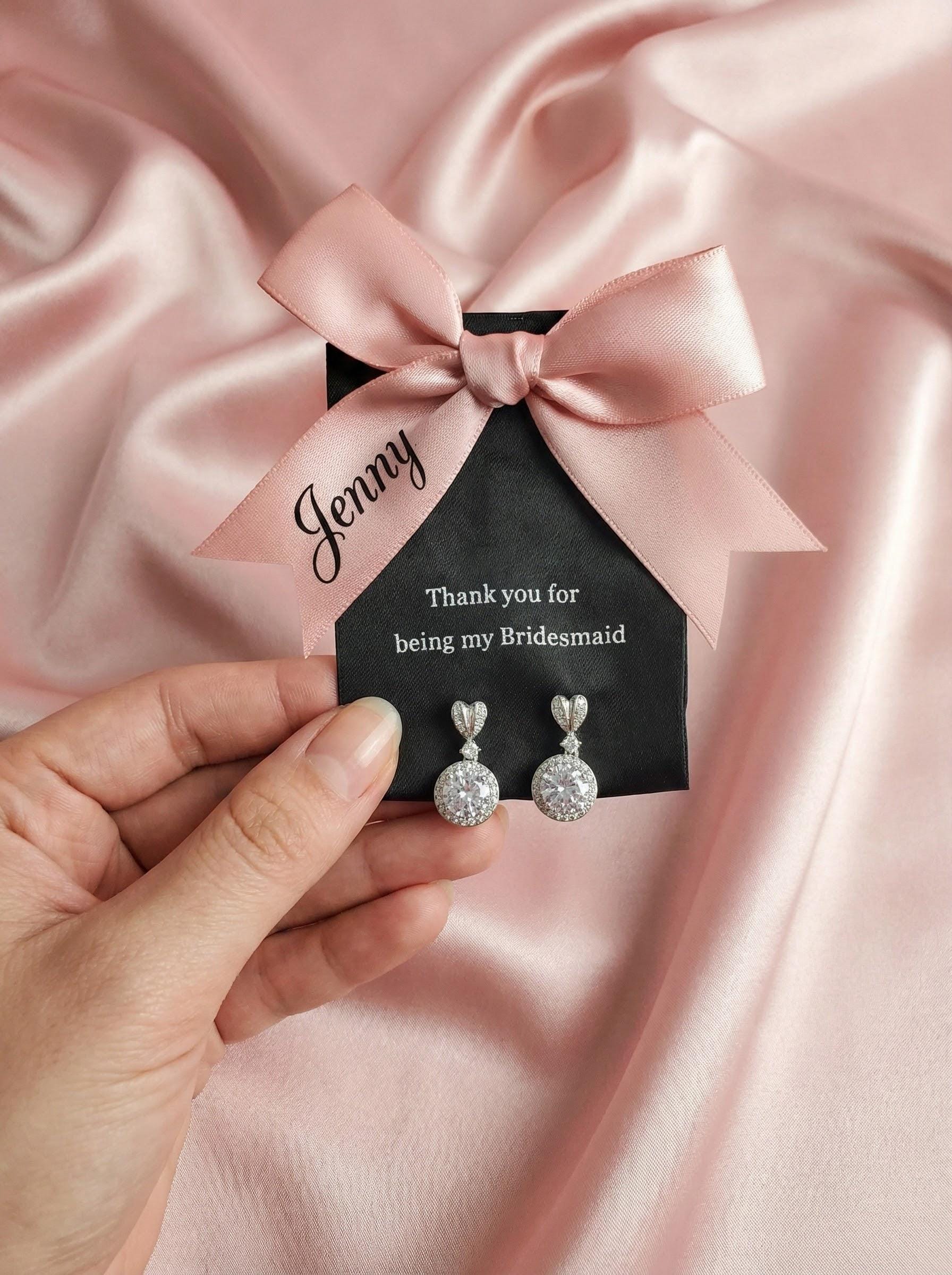 Personalized Bridesmaid Gifts • Custom Name heart Earrings • Bridal Party Jewelry • Bridesmaid Proposal Box Gift • Wedding Day Earrings