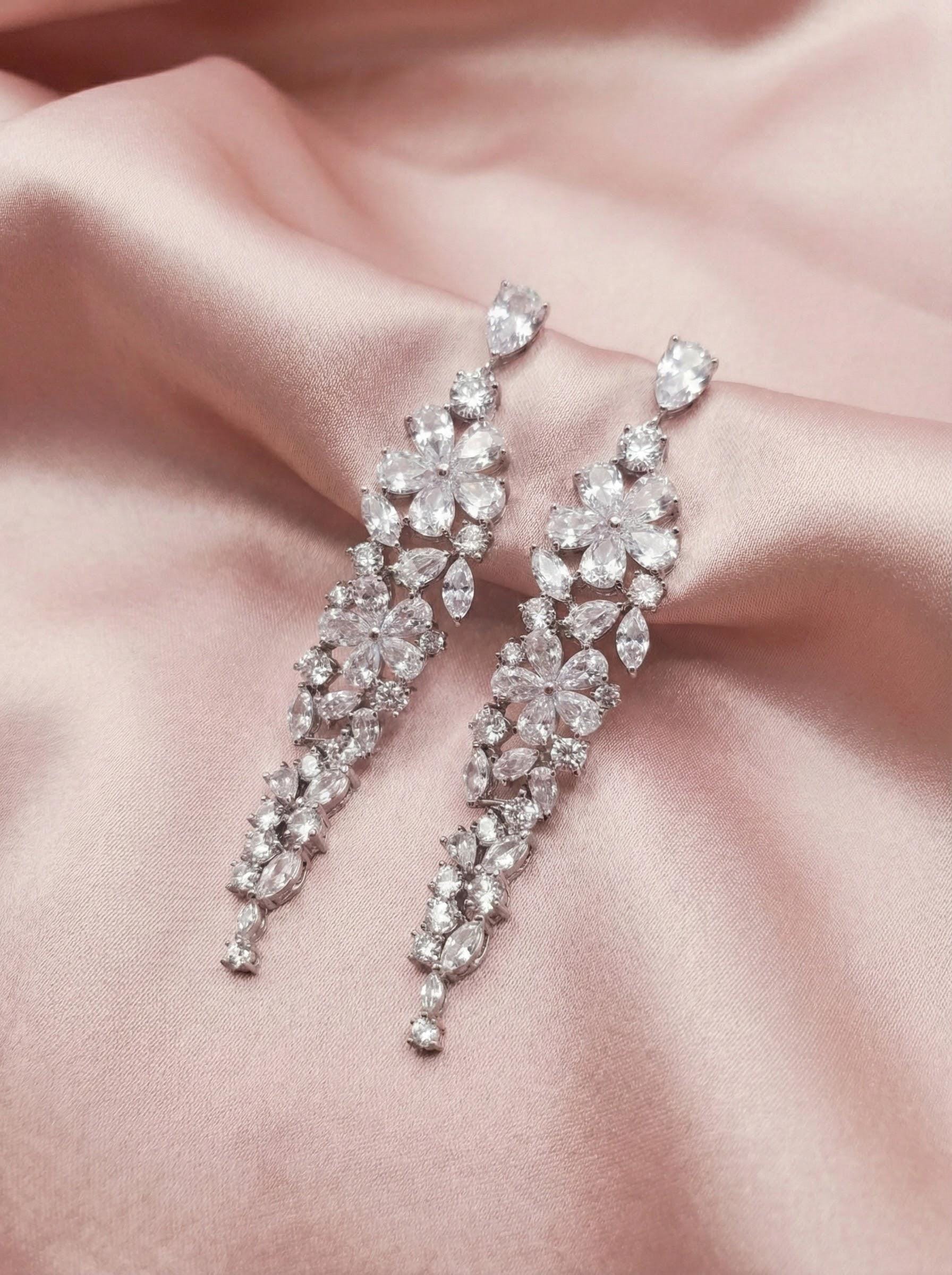 Silver earrings Long floral earrings for bride jewelry crystal earrings wedding earrings extra long earrings 2026 bridal earrings trendy