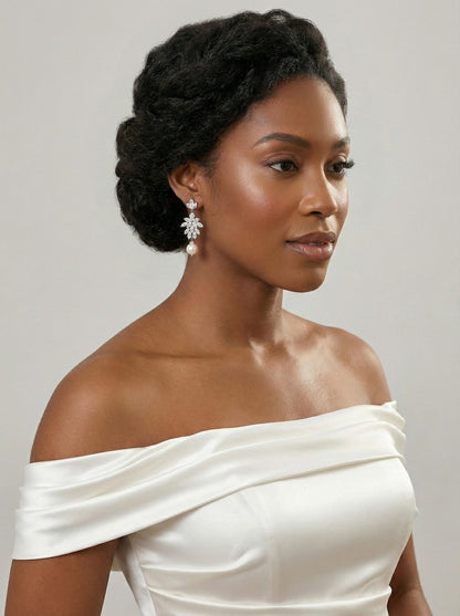 Silver CZ Floral Earrings • Freshwater Pearl Drop Bridal Earrings • Wedding Dangle Earrings for Bride Elegant Wedding Dangle Earrings