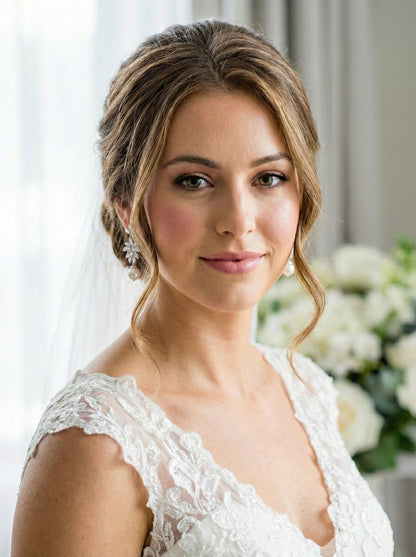 Silver CZ Floral Earrings • Freshwater Pearl Drop Bridal Earrings • Wedding Dangle Earrings for Bride Elegant Wedding Dangle Earrings