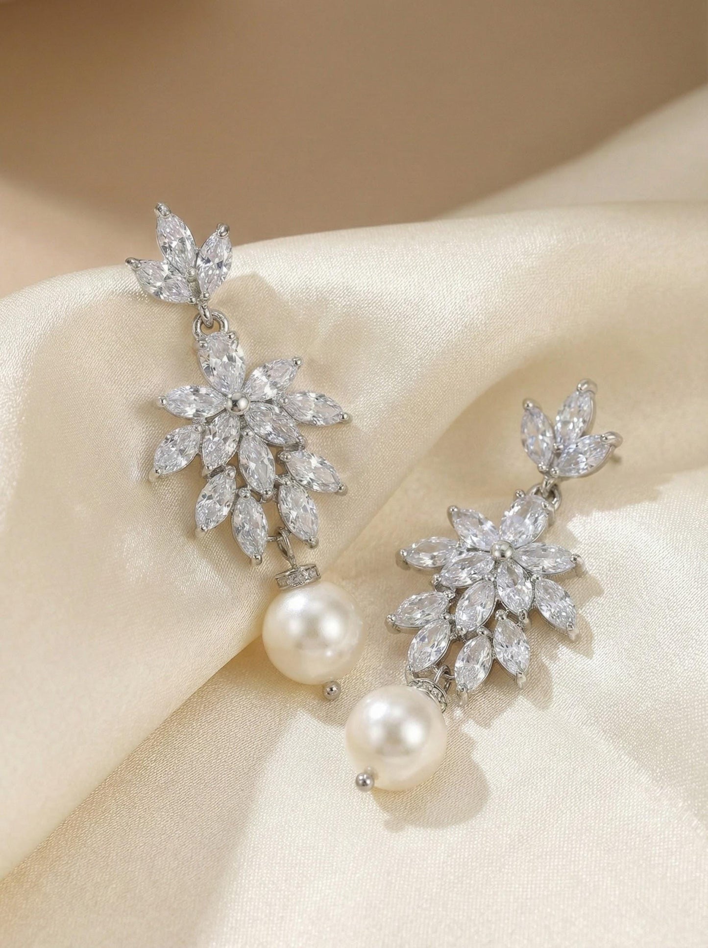 Silver CZ Floral Earrings • Freshwater Pearl Drop Bridal Earrings • Wedding Dangle Earrings for Bride Elegant Wedding Dangle Earrings