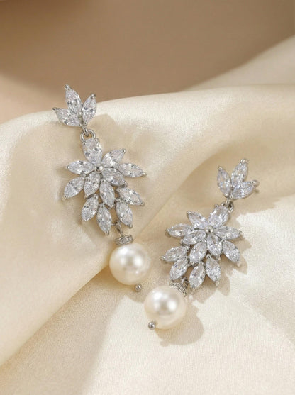Silver CZ Floral Earrings • Freshwater Pearl Drop Bridal Earrings • Wedding Dangle Earrings for Bride Elegant Wedding Dangle Earrings