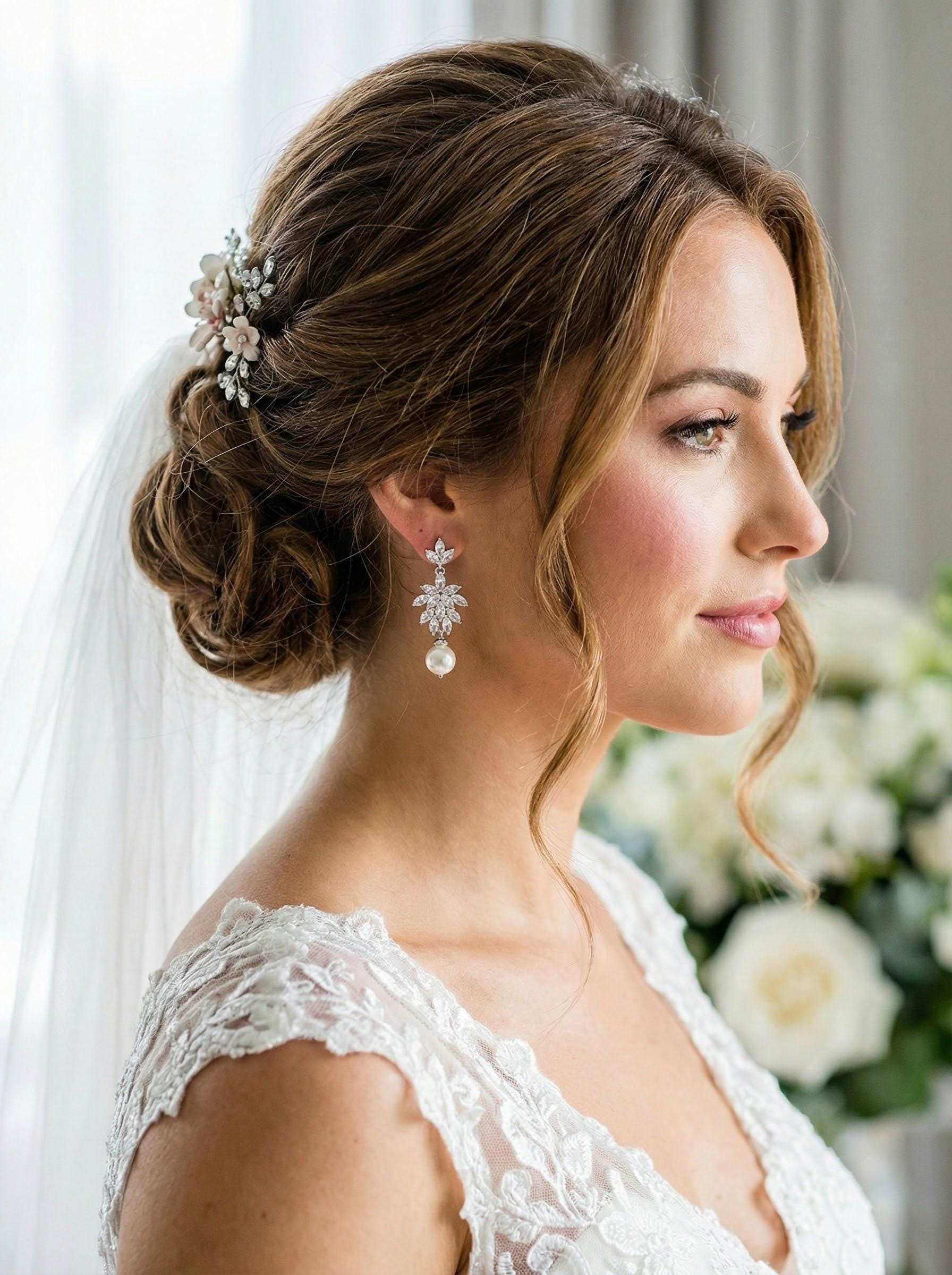 Silver CZ Floral Earrings • Freshwater Pearl Drop Bridal Earrings • Wedding Dangle Earrings for Bride Elegant Wedding Dangle Earrings