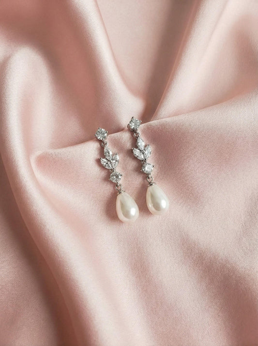 CZ & Pearl Teardrop Bridesmaid Earrings Bridal Earrings Silver Wedding Jewelry Bridesmaid Proposal Gift Mother of Bride Gift Box