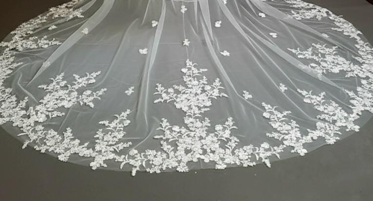 Cathedral Length Wedding Veil with Floral Lace Appliqué • Dramatic Long Bridal Veil • Sheer Tulle Train Veil • Elegant Embroidered Lace Edge
