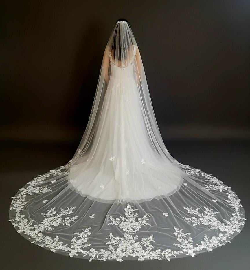Cathedral Length Wedding Veil with Floral Lace Appliqué • Dramatic Long Bridal Veil • Sheer Tulle Train Veil • Elegant Embroidered Lace Edge