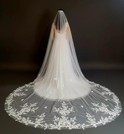 Cathedral Length Wedding Veil with Floral Lace Appliqué • Dramatic Long Bridal Veil • Sheer Tulle Train Veil • Elegant Embroidered Lace Edge