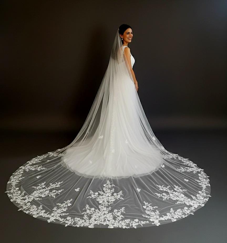 Cathedral Length Wedding Veil with Floral Lace Appliqué • Dramatic Long Bridal Veil • Sheer Tulle Train Veil • Elegant Embroidered Lace Edge