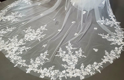 Cathedral Length Wedding Veil with Floral Lace Appliqué • Dramatic Long Bridal Veil • Sheer Tulle Train Veil • Elegant Embroidered Lace Edge