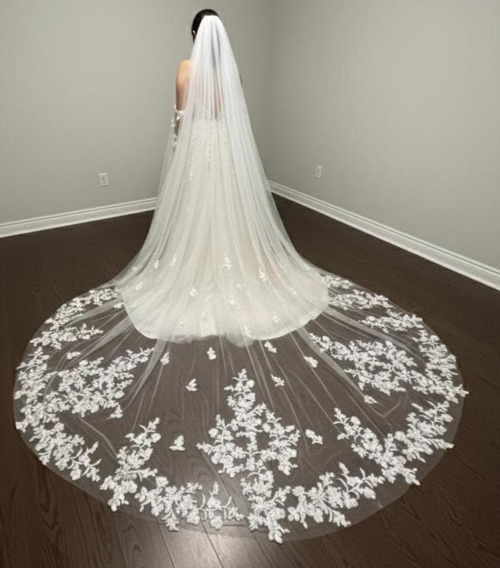 Cathedral Length Wedding Veil with Floral Lace Appliqué • Dramatic Long Bridal Veil • Sheer Tulle Train Veil • Elegant Embroidered Lace Edge