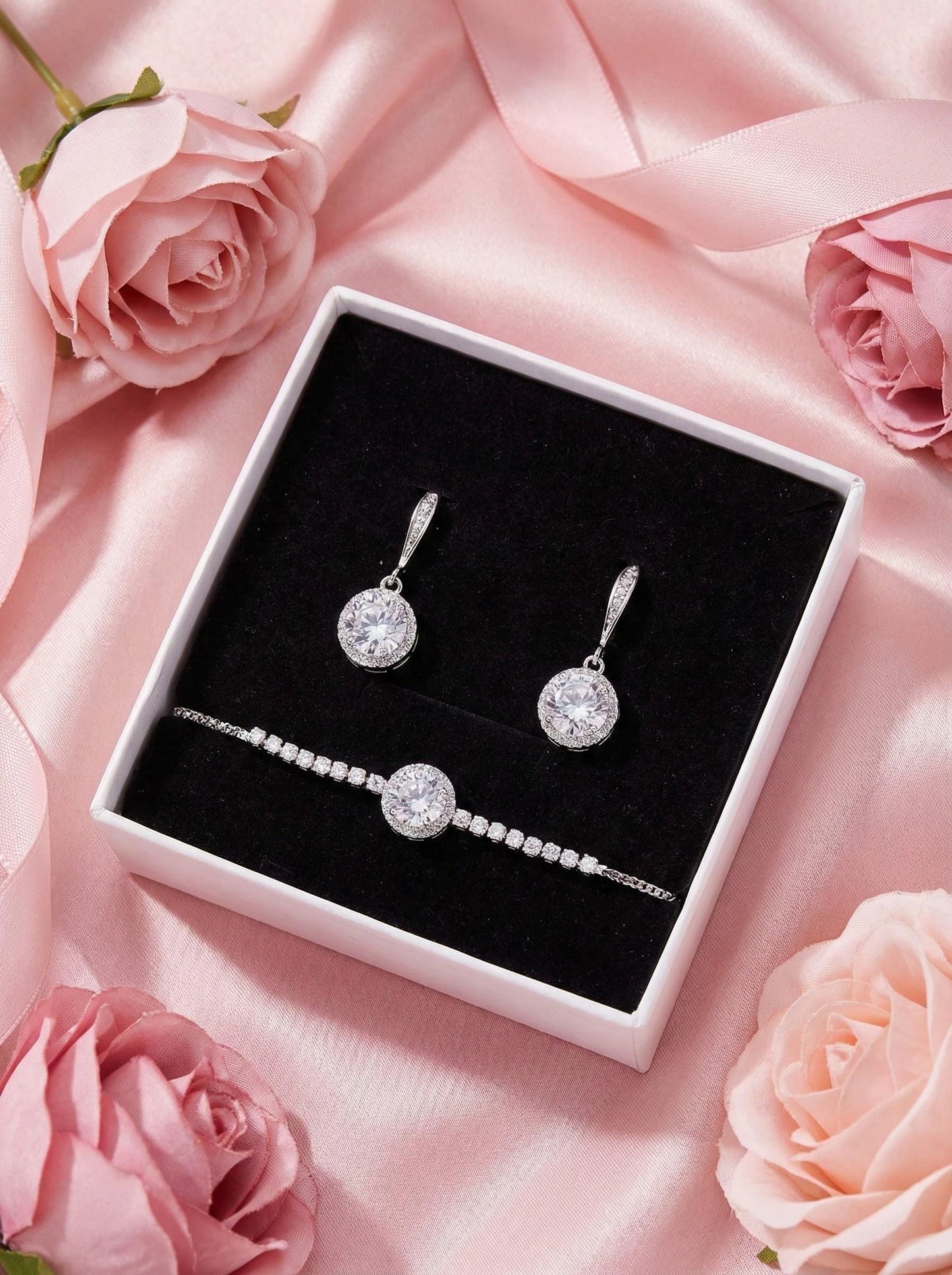 Bridesmaid Jewelry Gift Set • CZ Halo Earrings & Bracelet • Bridal Party Proposal Gift Silver Bridesmaids Gifts • Wedding Jewelry box