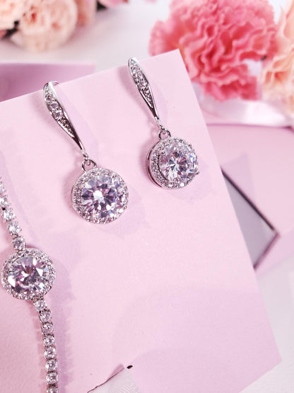 Bridesmaid Jewelry Gift Set • CZ Halo Earrings & Bracelet • Bridal Party Proposal Gift Silver Bridesmaids Gifts • Wedding Jewelry box