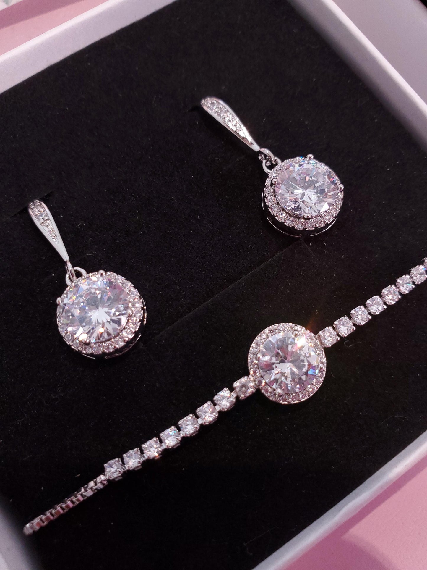 Bridesmaid Jewelry Gift Set • CZ Halo Earrings & Bracelet • Bridal Party Proposal Gift Silver Bridesmaids Gifts • Wedding Jewelry box