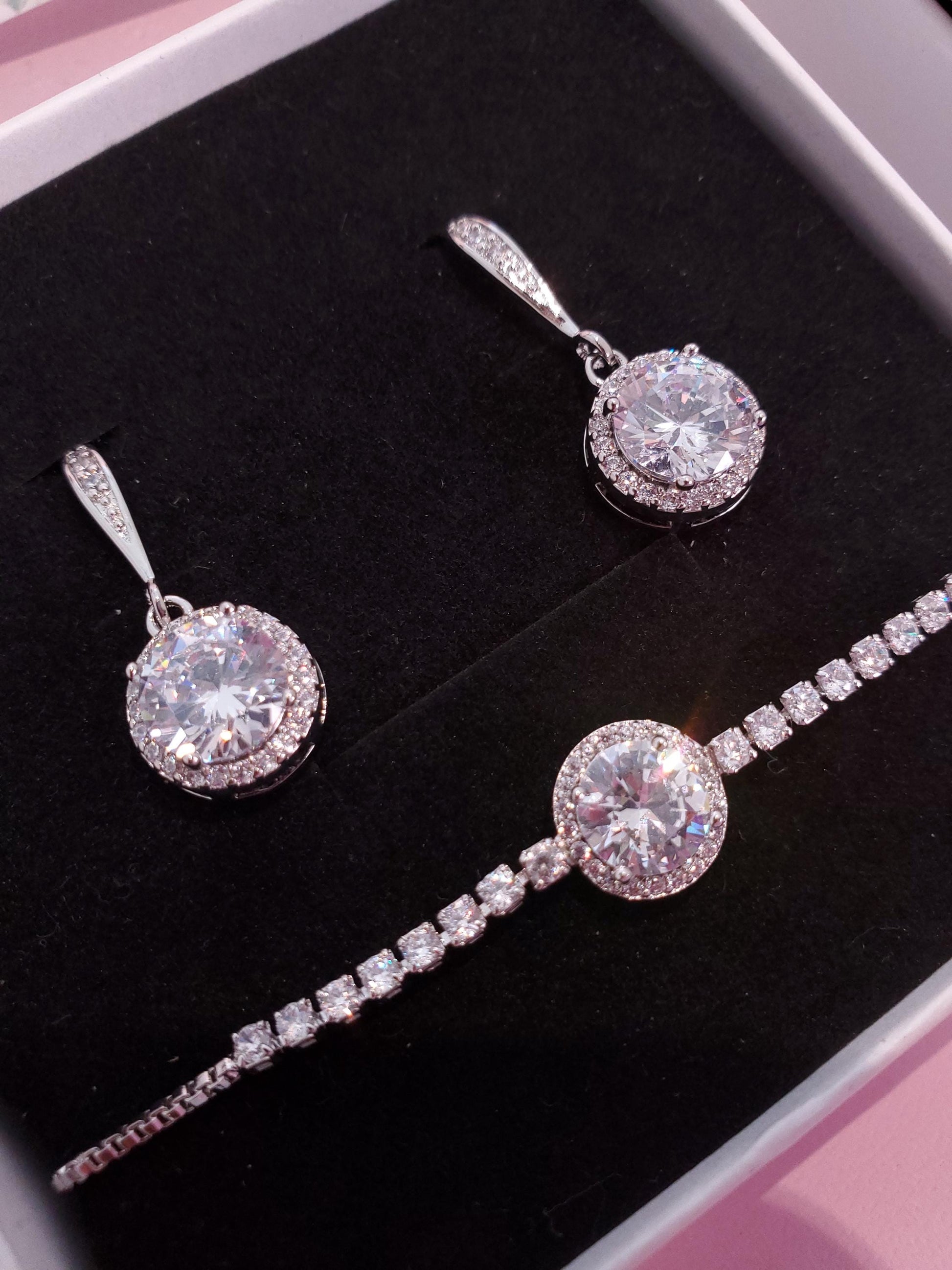 Bridesmaid Jewelry Gift Set • CZ Halo Earrings & Bracelet • Bridal Party Proposal Gift Silver Bridesmaids Gifts • Wedding Jewelry box