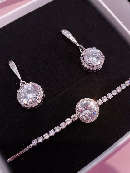 Bridesmaid Jewelry Gift Set • CZ Halo Earrings & Bracelet • Bridal Party Proposal Gift Silver Bridesmaids Gifts • Wedding Jewelry box