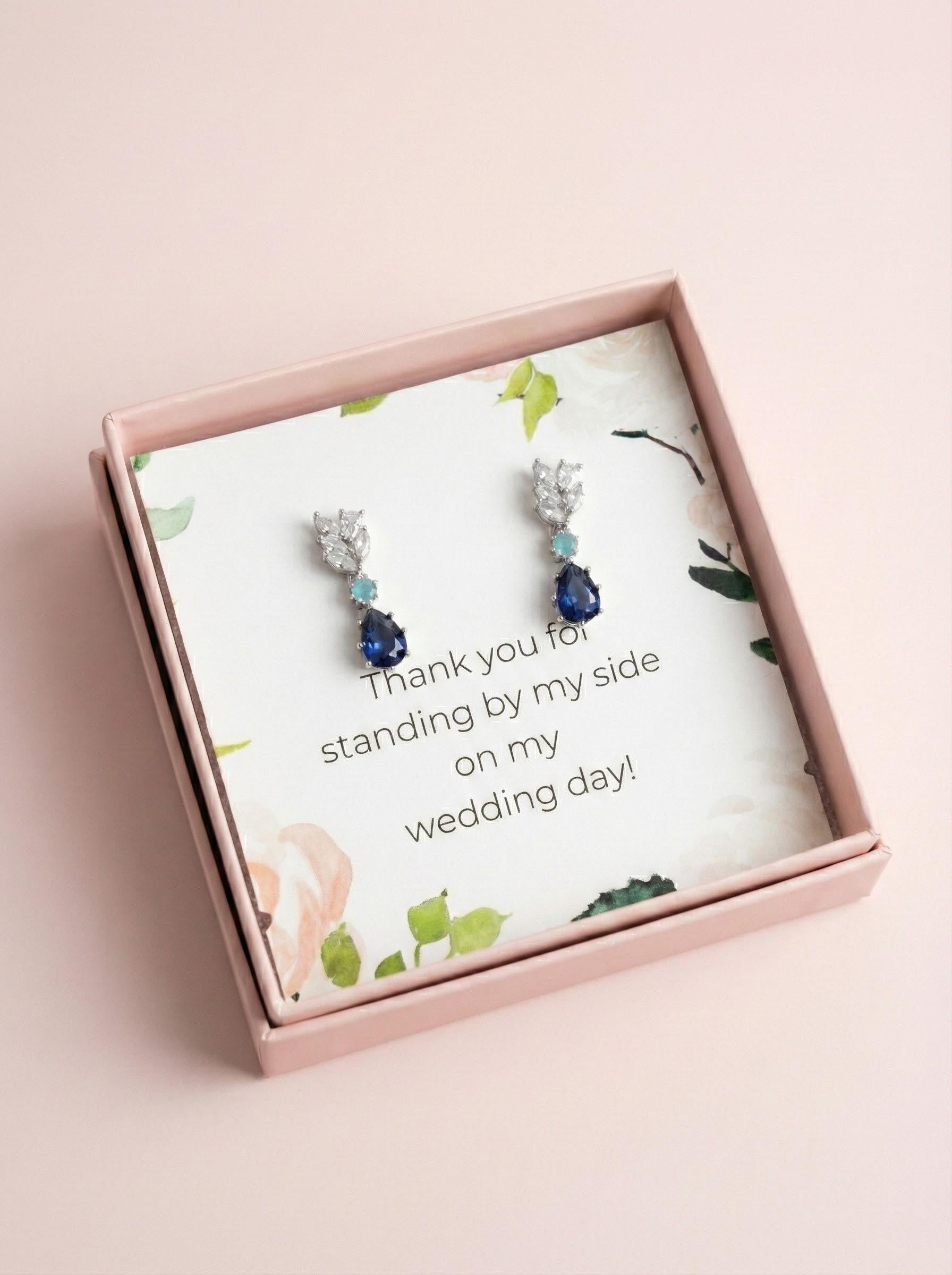 Something Blue Bridesmaid Earrings – Sapphire CZ Drop Gift Box Blue Crystal Bridal Earrings – Bridesmaid Proposal or Thank-You Gift
