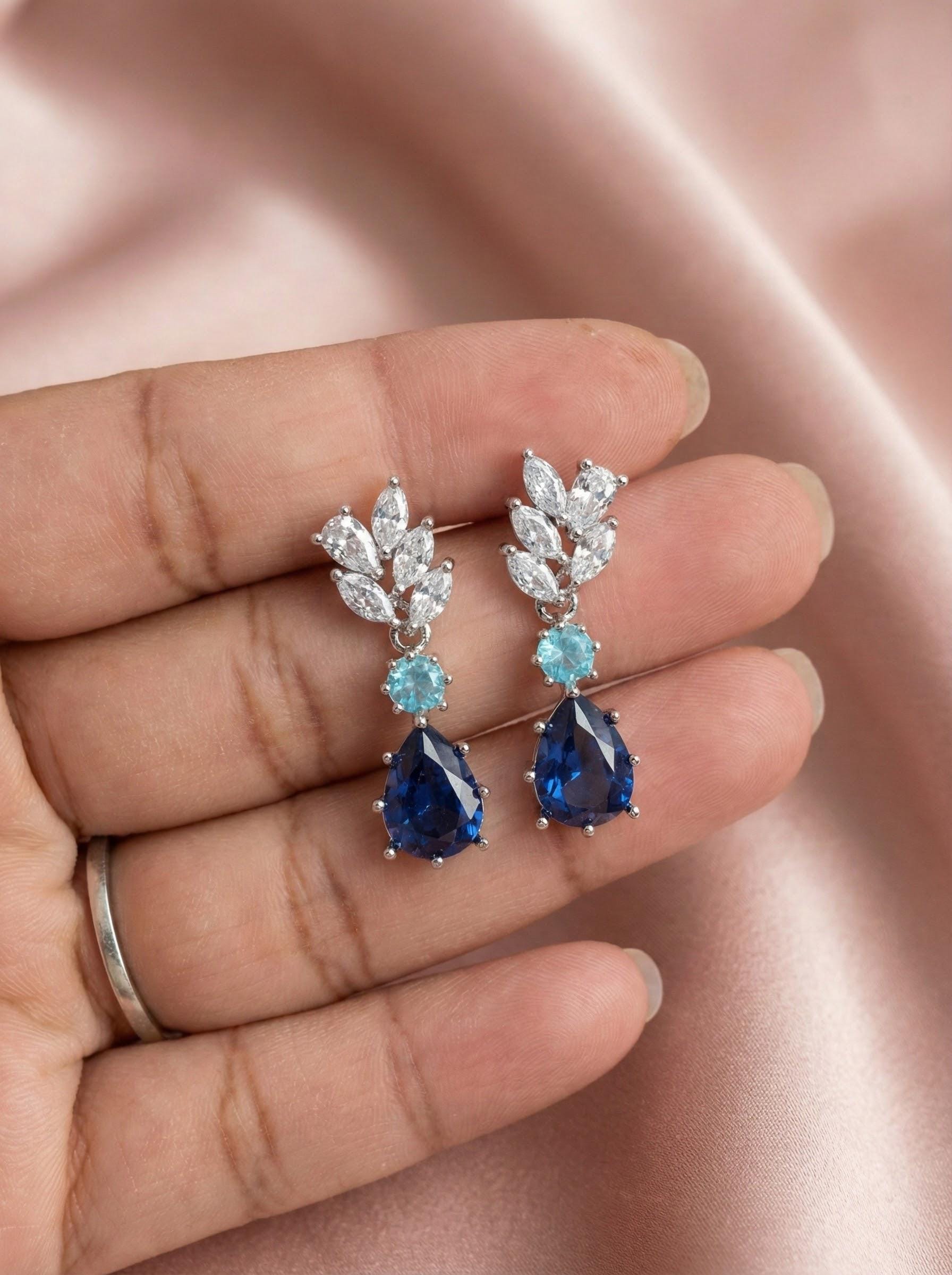 Something Blue Bridesmaid Earrings – Sapphire CZ Drop Gift Box Blue Crystal Bridal Earrings – Bridesmaid Proposal or Thank-You Gift
