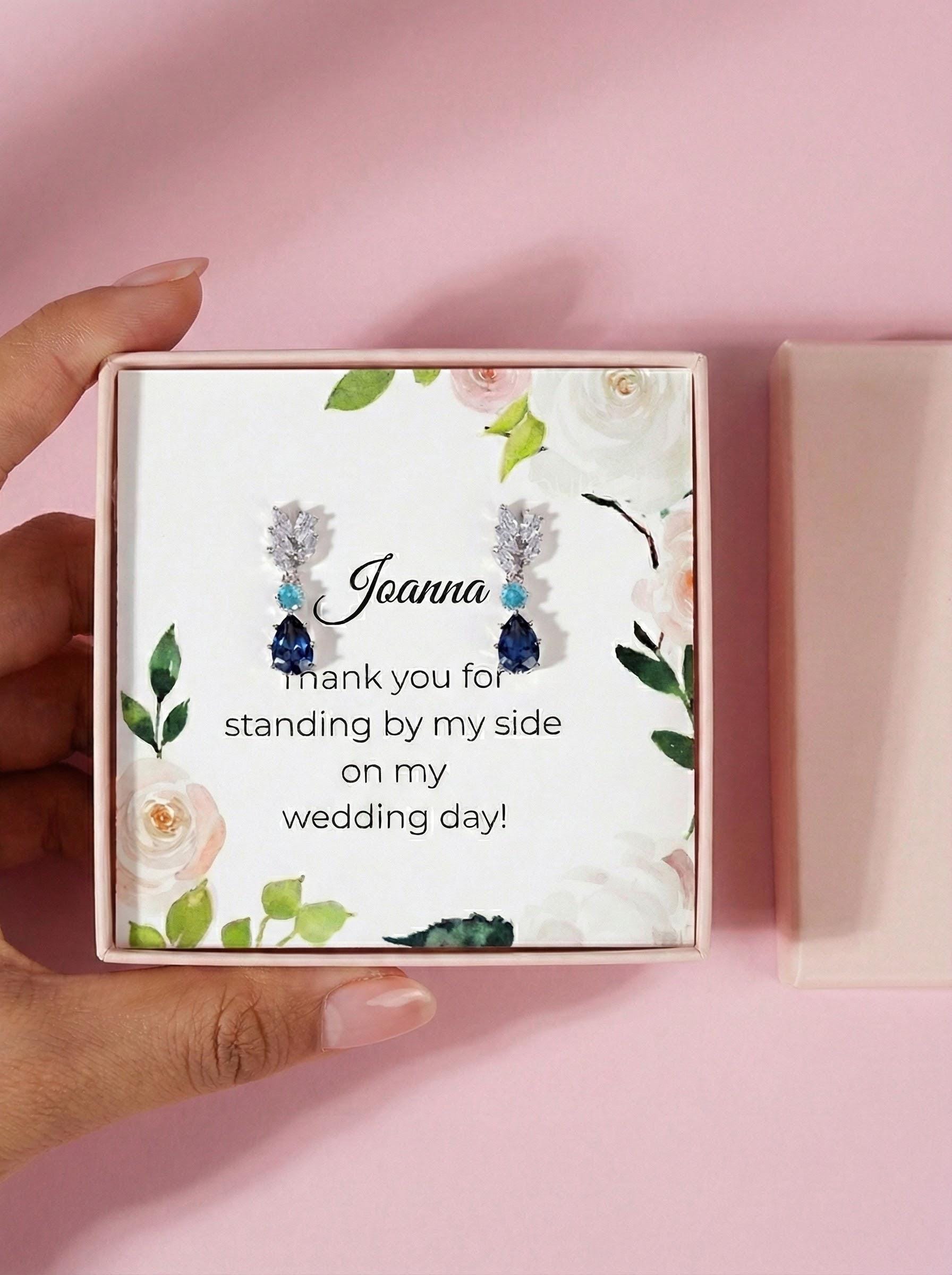 Something Blue Bridesmaid Earrings – Sapphire CZ Drop Gift Box Blue Crystal Bridal Earrings – Bridesmaid Proposal or Thank-You Gift