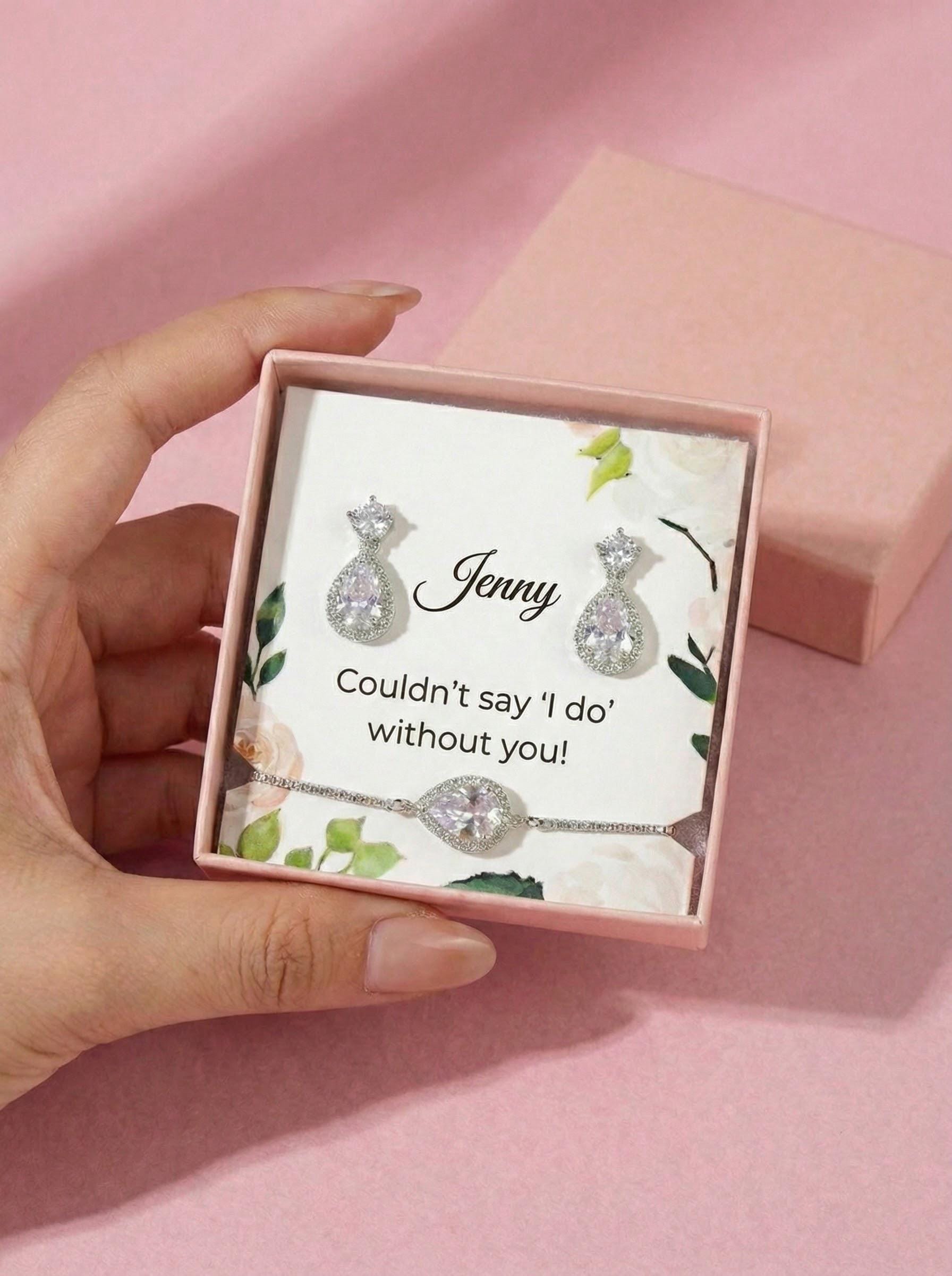Personalized Bridesmaid Gift Set • CZ Teardrop Earrings & Bracelet • Custom Name Card • Bridesmaid Proposal Jewelry • Wedding Party Gifts