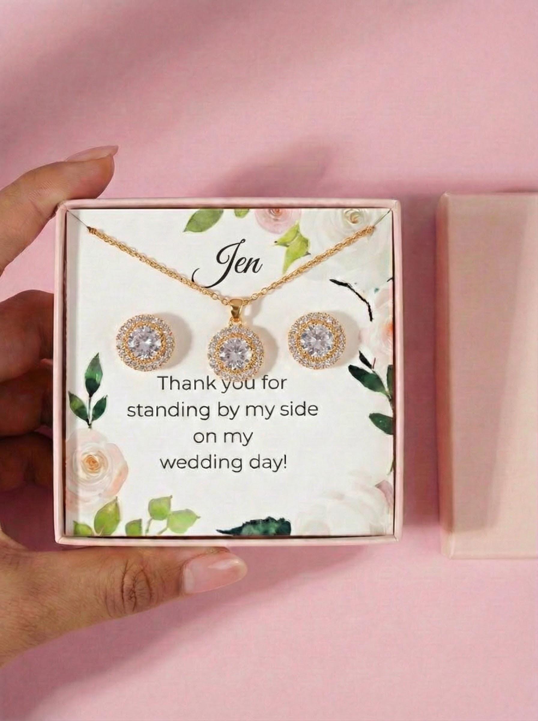 Personalized Bridesmaid Jewelry Set, Bridal Necklace & Earring Gift Box, Custom Wedding Day Gift for Bridesmaids Maid of Honor minimalist