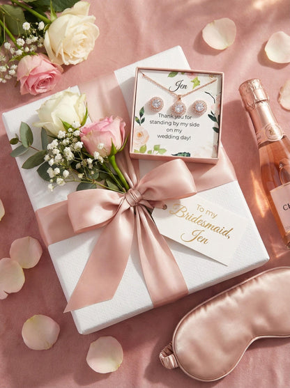 Personalized Bridesmaid Jewelry Set, Bridal Necklace & Earring Gift Box, Custom Wedding Day Gift for Bridesmaids Maid of Honor minimalist