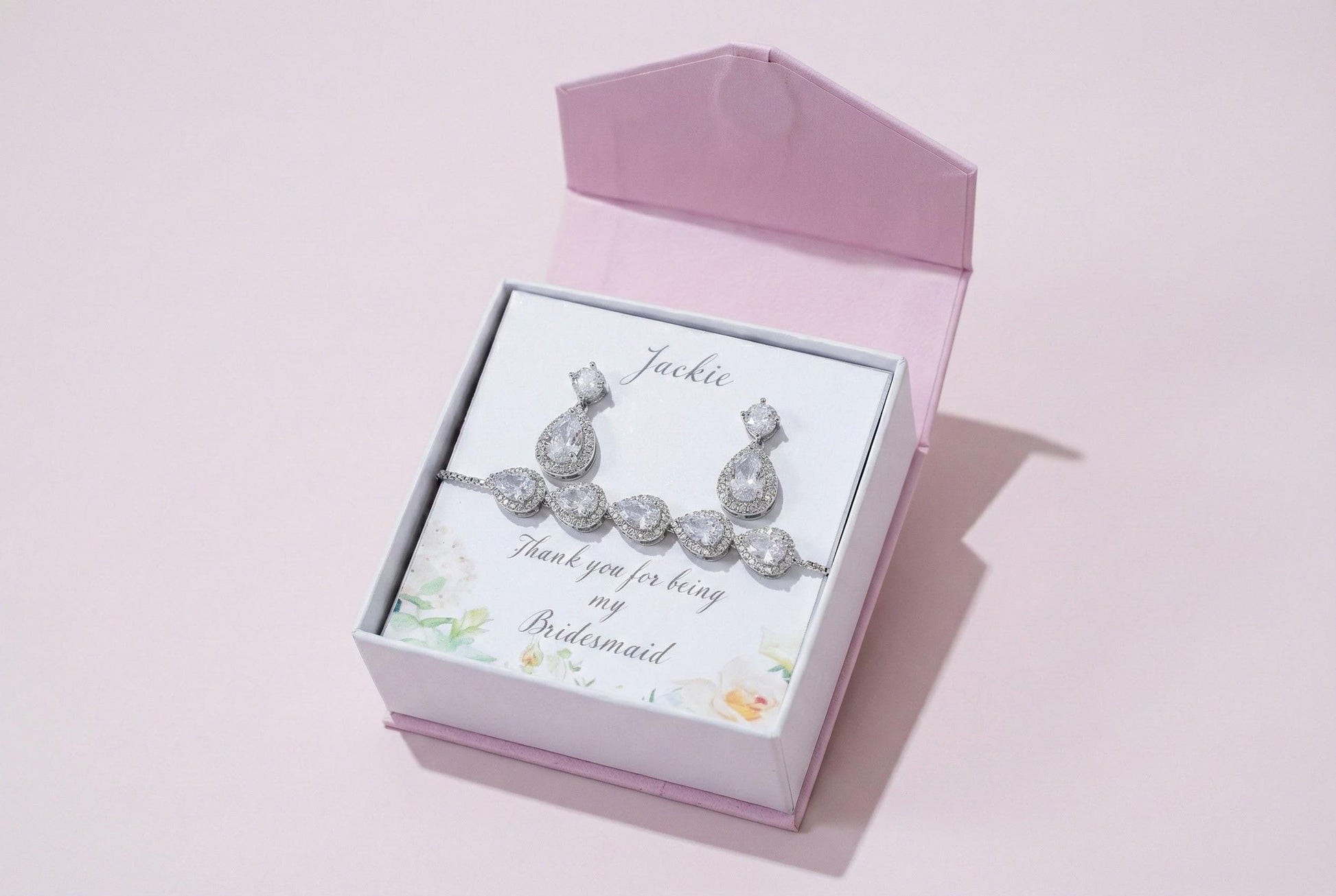 Personalized Bridesmaid Gift Set • CZ Teardrop Earrings & Bracelet • Custom Name Card • Bridesmaid Proposal Jewelry • Wedding Party Gifts