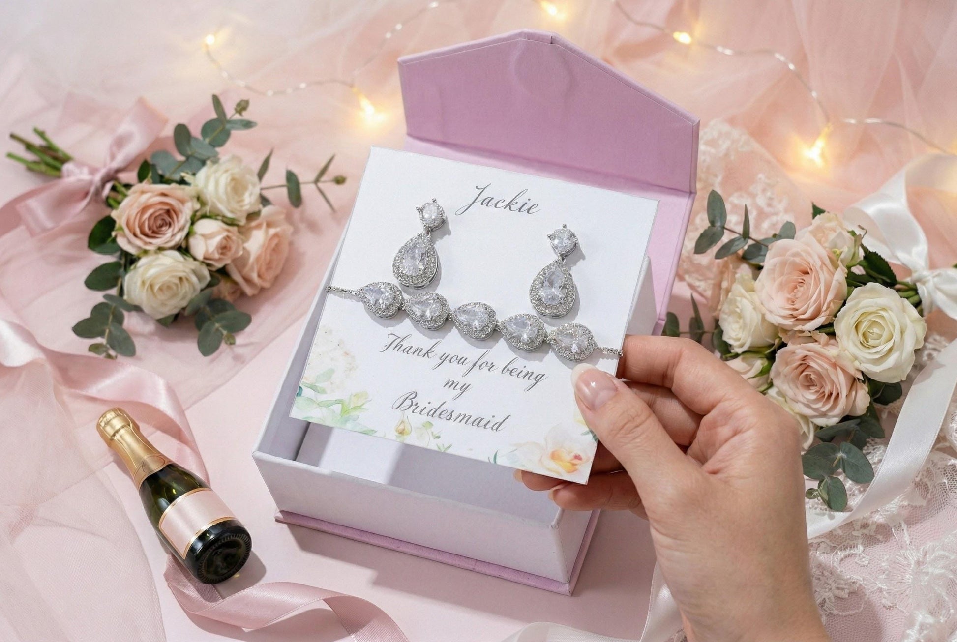 Personalized Bridesmaid Gift Set • CZ Teardrop Earrings & Bracelet • Custom Name Card • Bridesmaid Proposal Jewelry • Wedding Party Gifts