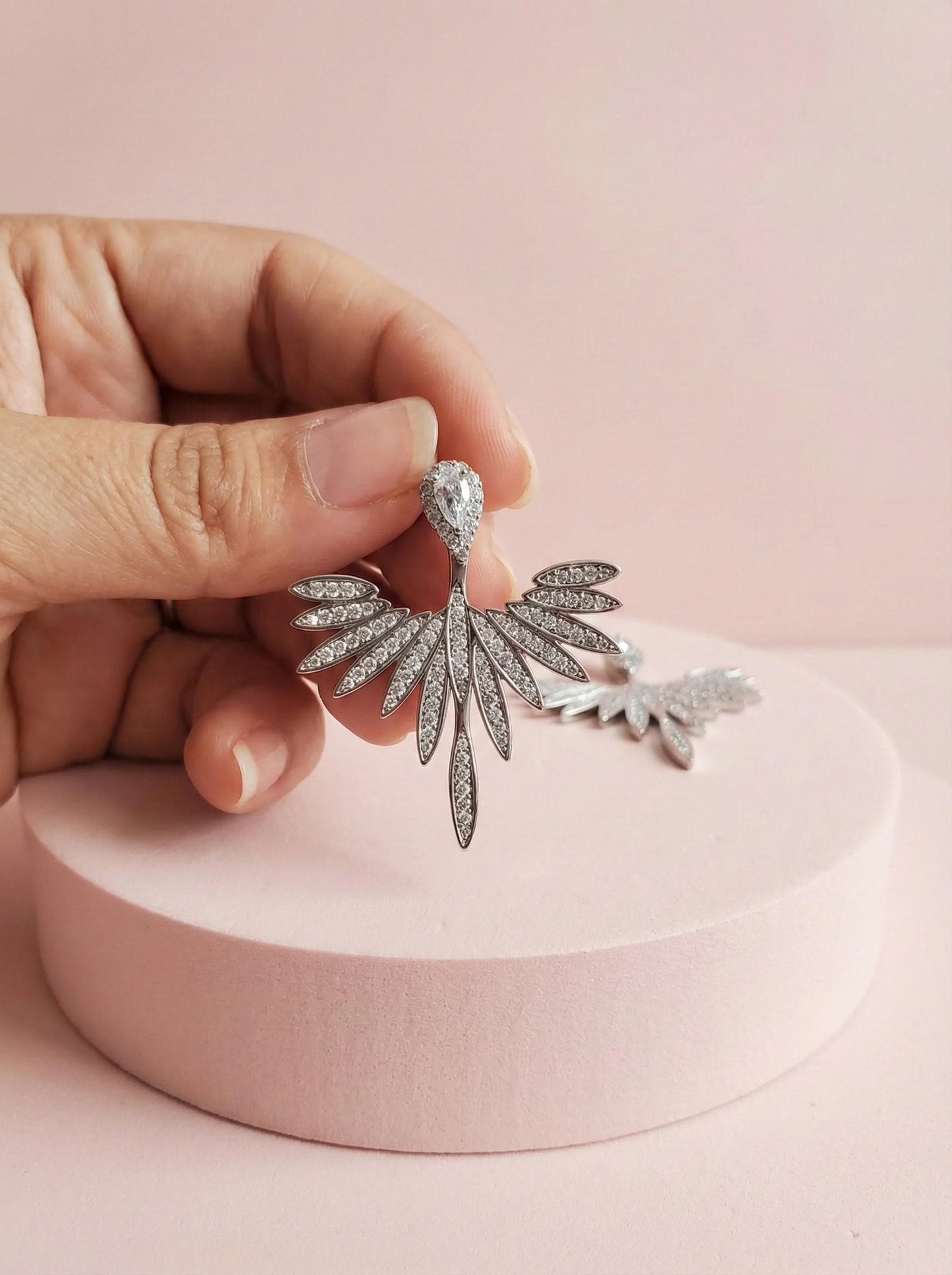 2 in 1 Angel Wing Jacket Earrings • CZ Teardrop Studs • Bridal Wedding Earrings • Gold or Silver Crystal Studs • Removable Jacket Earrings