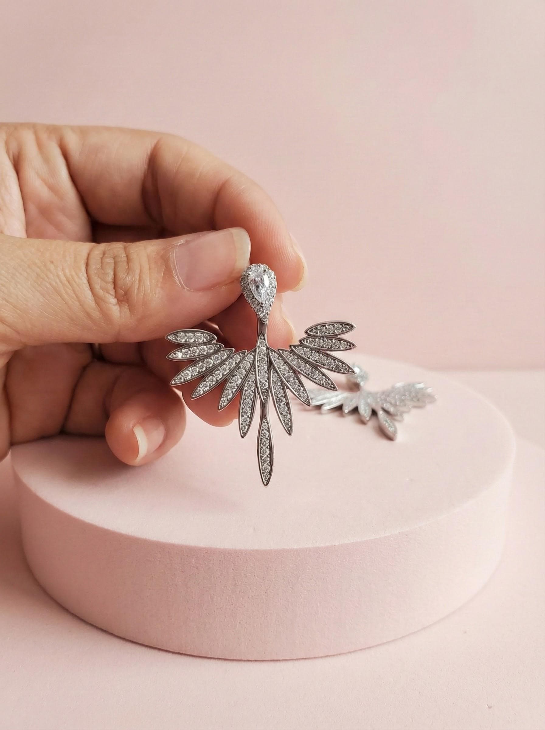 2 in 1 Angel Wing Jacket Earrings • CZ Teardrop Studs • Bridal Wedding Earrings • Gold or Silver Crystal Studs • Removable Jacket Earrings